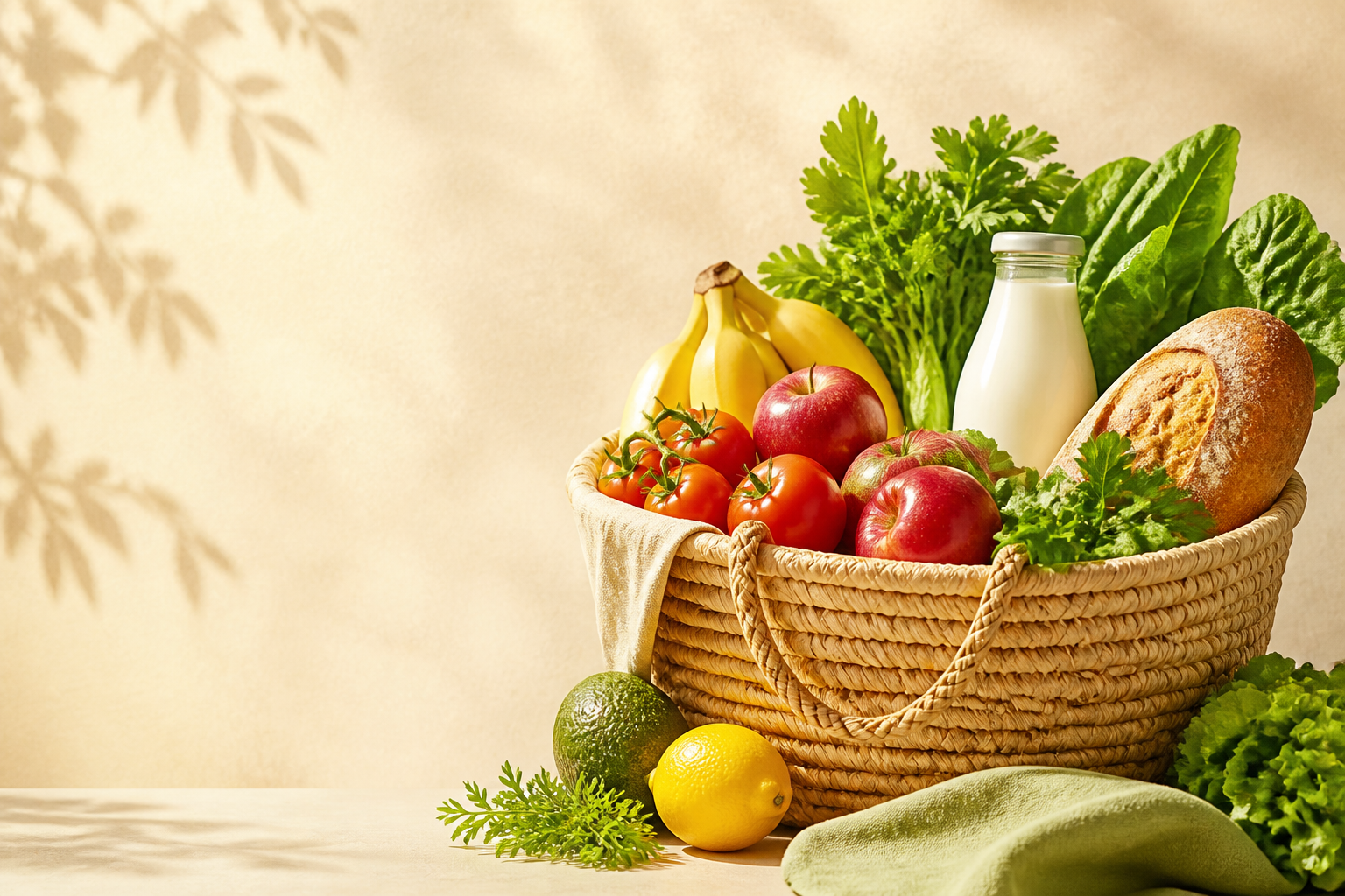A market basket filled with fresh groceries